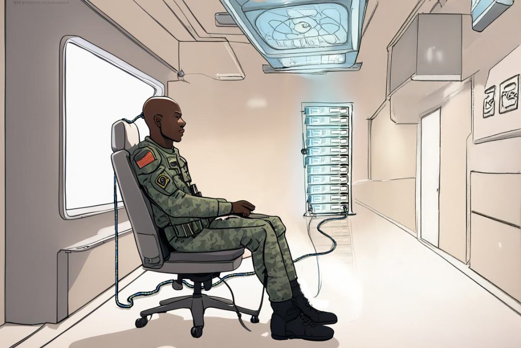 Image générée avec Runway pour illustrer Julian Class personnage principal de "La paix eternelle" de Joe Haldeman.