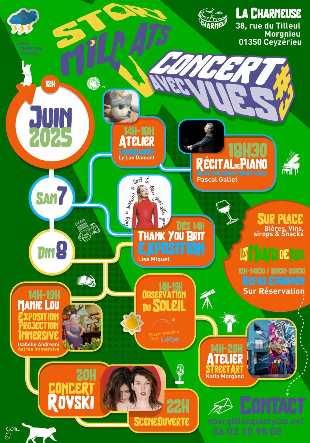 Affiche de la programmation de "Concert avec Vues" dans le jardin de la résidence la charmeuse à Ceyzerieu.